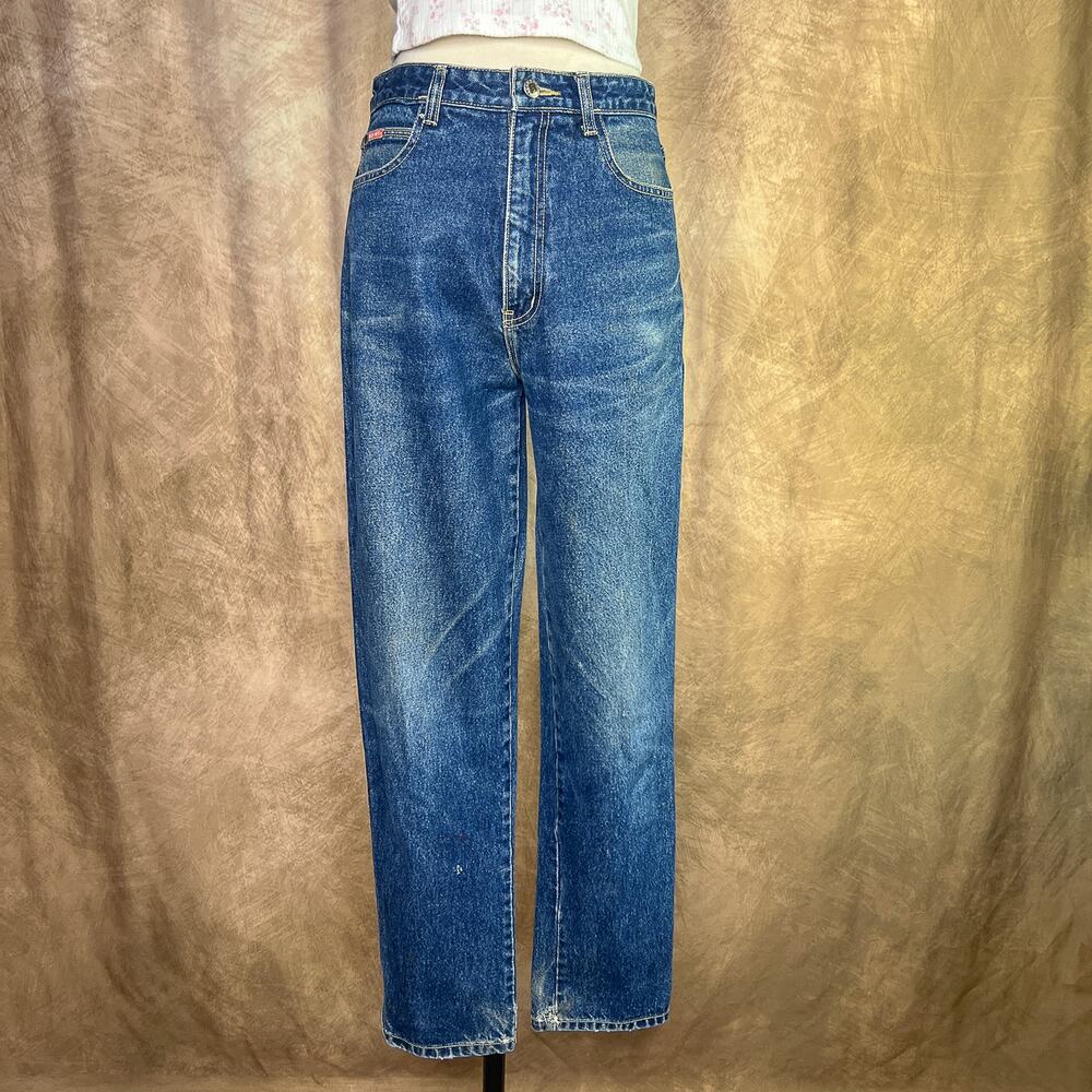 Y2K Blue Jeans High Waisted Slim Fit Medium Wash Denim Blue Embroidered Pocket